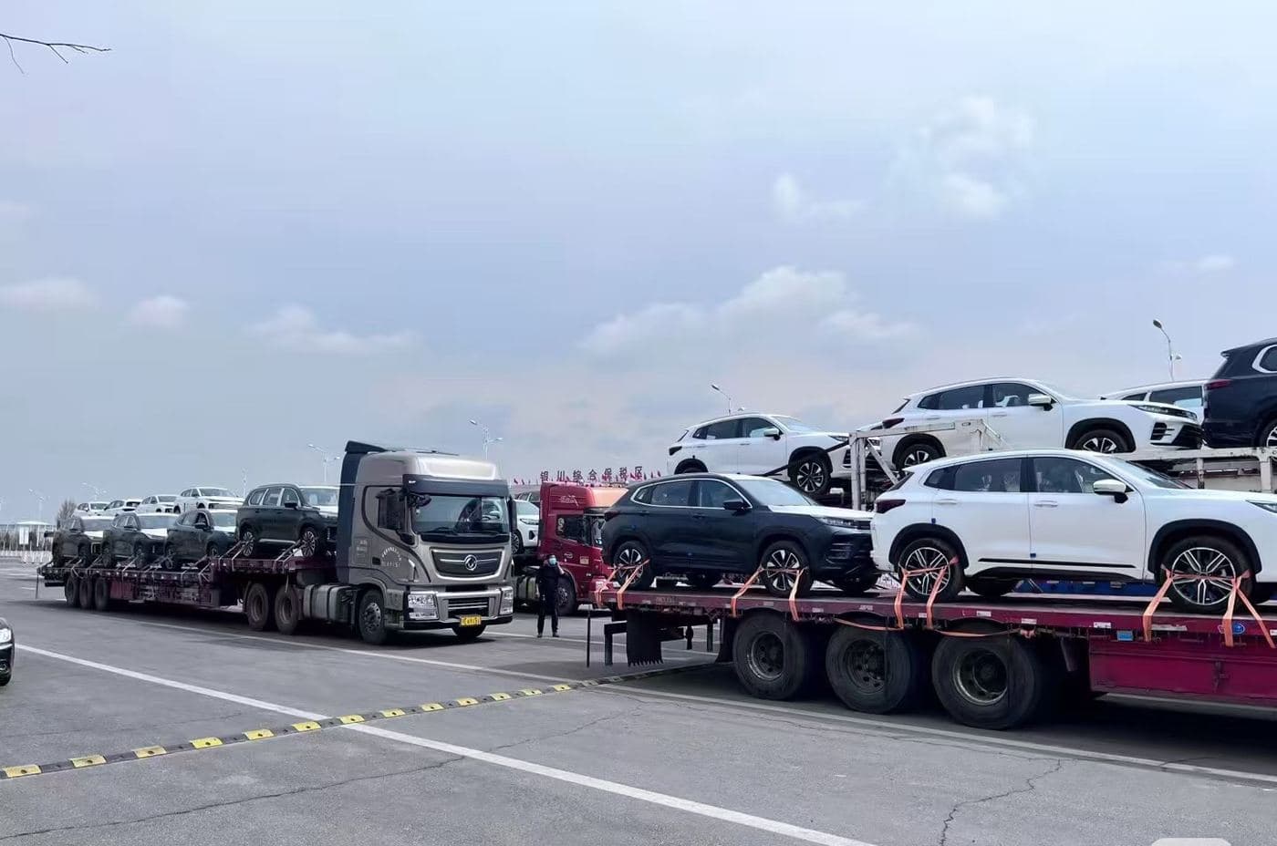 Car-carrier trucks loaded with vehicles at a port terminal